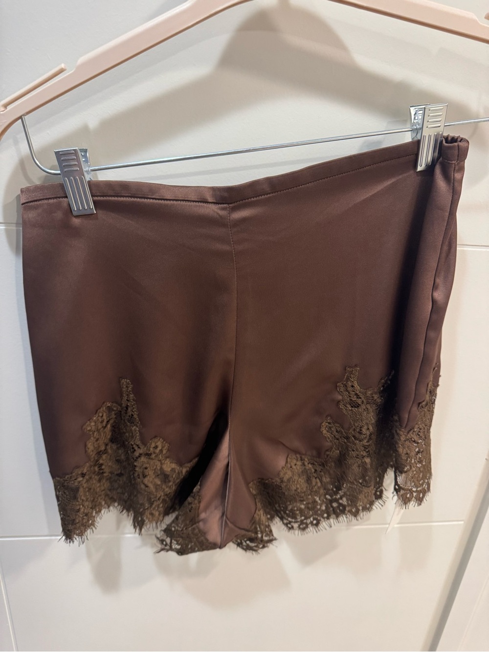 Reformation Brown Satin Lounge Shorts with Elastic Waist